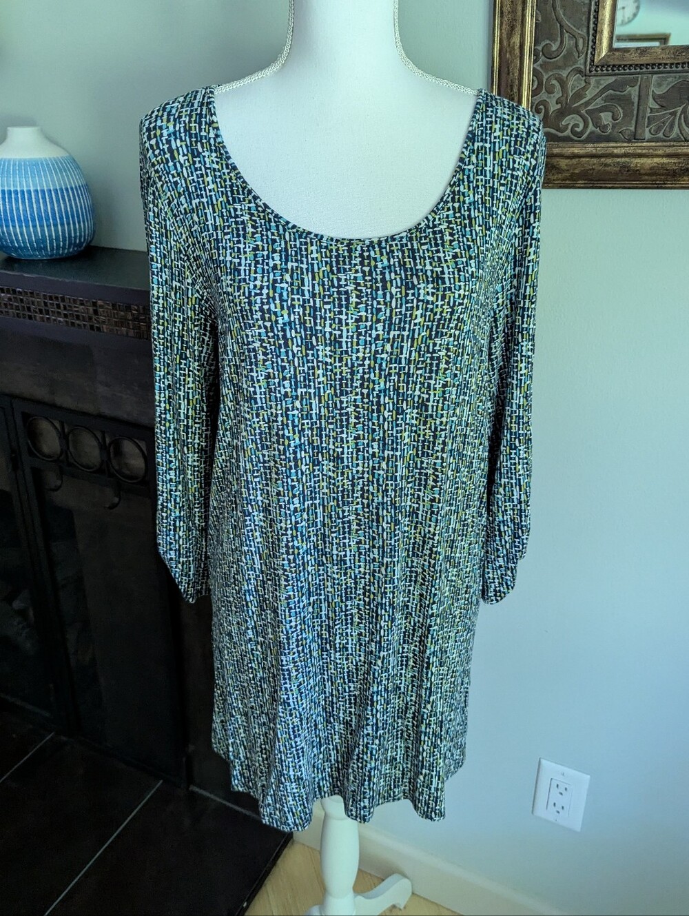 J.Jill Wearever Collection Women's Large Blue Green Tunic Shirt 3/4 Sleeve